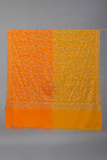 Pashme Ladakh_Yellow Embroidered Floral Jaal Colourblock Pashmina Shawl _Online_at_Aza_Fashions