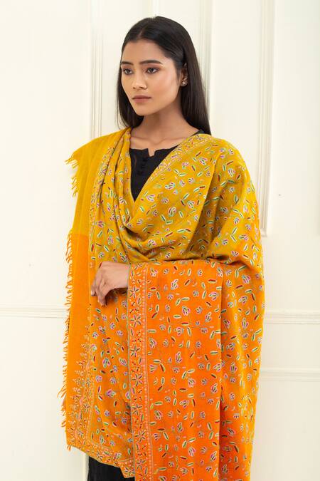 Shop_Pashme Ladakh_Yellow Embroidered Floral Jaal Colourblock Pashmina Shawl _Online_at_Aza_Fashions