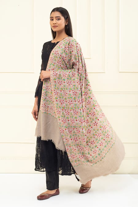 Pashme Ladakh Vine Embroidered Woven Pashmina Shawl 