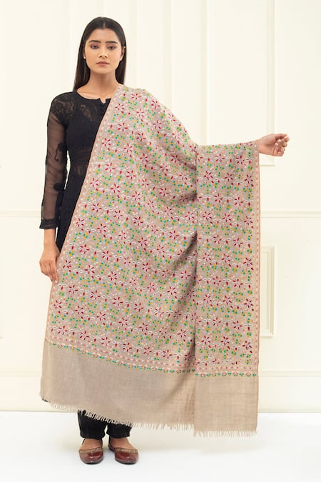 Pashme Ladakh Vine Embroidered Woven Pashmina Shawl 
