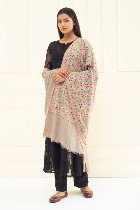 Shop Pashme Ladakh Beige Embroidered Vine Woven Pashmina Shawl Online at Aza Fashions Shop_Pashme Ladakh_Beige Embroidered Vine Woven Pashmina Shawl _Online_at_Aza_Fashions