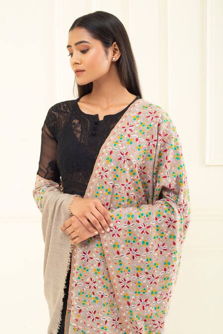 Pashme Ladakh Beige Embroidered Vine Woven Pashmina Shawl at Aza Fashions Pashme Ladakh_Beige Embroidered Vine Woven Pashmina Shawl _at_Aza_Fashions