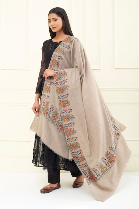 Pashme Ladakh Beige Embroidered Dahlia Thread Dourdar Pashmina Shawl 