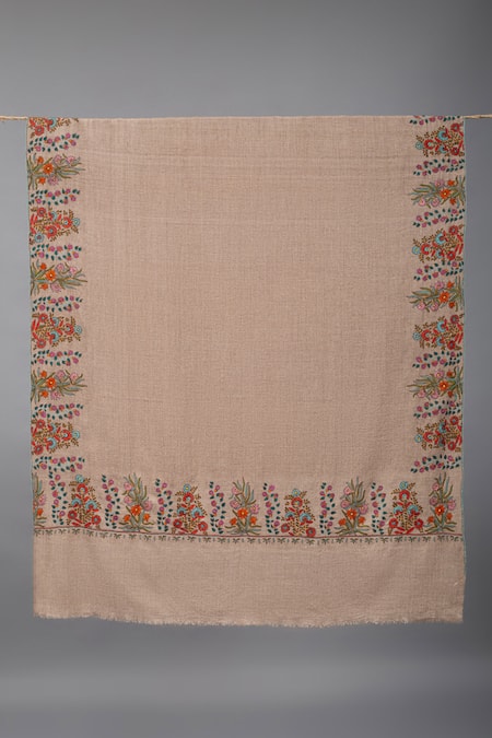 Pashme Ladakh_Beige Embroidered Dahlia Thread Dourdar Pashmina Shawl_Online_at_Aza_Fashions