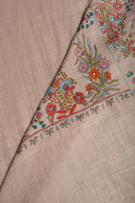 Buy_Pashme Ladakh_Beige Embroidered Dahlia Thread Dourdar Pashmina Shawl_Online_at_Aza_Fashions