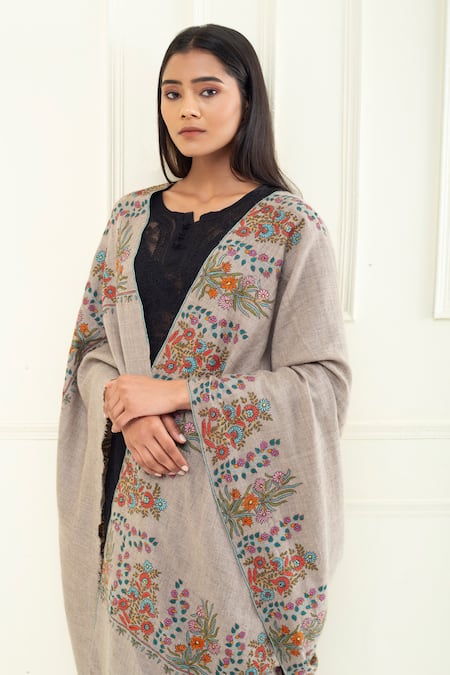 Shop_Pashme Ladakh_Beige Embroidered Dahlia Thread Dourdar Pashmina Shawl_Online_at_Aza_Fashions