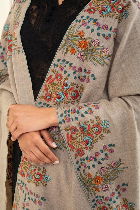 Pashme Ladakh_Beige Embroidered Dahlia Thread Dourdar Pashmina Shawl_at_Aza_Fashions