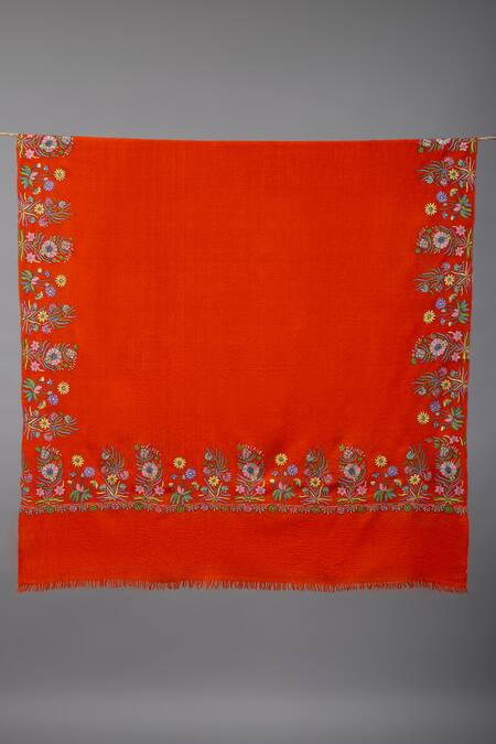 Pashme Ladakh Orange Embroidered Daffodil Dourdar Pashmina Shawl Online at Aza Fashions Pashme Ladakh_Orange Embroidered Daffodil Dourdar Pashmina Shawl _Online_at_Aza_Fashions
