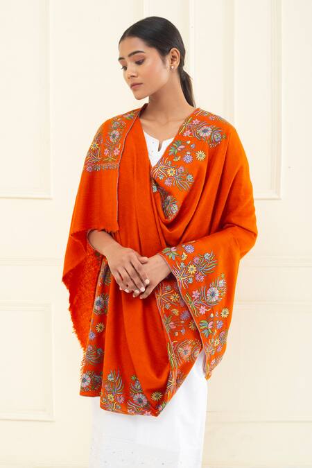 Shop Pashme Ladakh Orange Embroidered Daffodil Dourdar Pashmina Shawl Online at Aza Fashions Shop_Pashme Ladakh_Orange Embroidered Daffodil Dourdar Pashmina Shawl _Online_at_Aza_Fashions