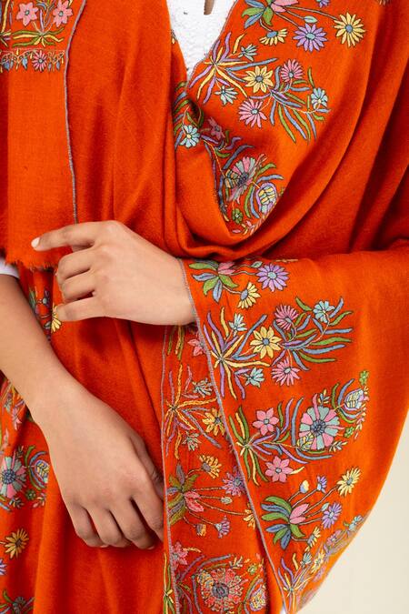 Pashme Ladakh Orange Embroidered Daffodil Dourdar Pashmina Shawl at Aza Fashions Pashme Ladakh_Orange Embroidered Daffodil Dourdar Pashmina Shawl _at_Aza_Fashions