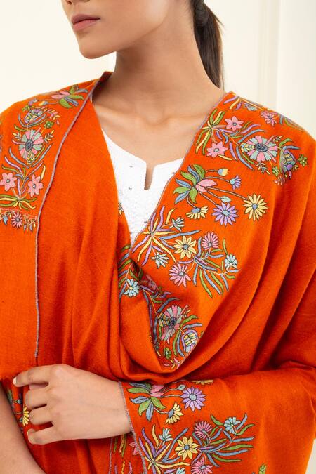 Buy Pashme Ladakh Orange Embroidered Daffodil Dourdar Pashmina Shawl Buy_Pashme Ladakh_Orange Embroidered Daffodil Dourdar Pashmina Shawl