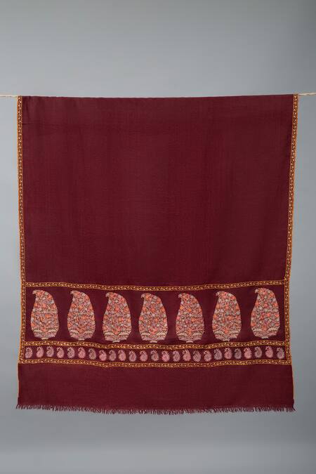 Pashme Ladakh_Maroon Embroidered Floral Paisley Pashmina Shawl _Online_at_Aza_Fashions