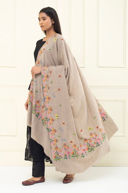 Pashme Ladakh Floral Crane Embroidered Pashmina Shawl 