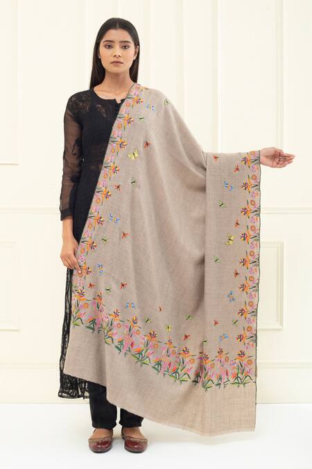 Shop Pashme Ladakh Grey Embroidered Floral Crane Pashmina Shawl at Aza Fashions Shop_Pashme Ladakh_Grey Embroidered Floral Crane Pashmina Shawl_at_Aza_Fashions