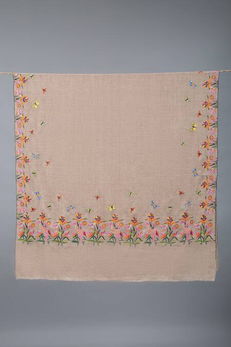Pashme Ladakh Grey Embroidered Floral Crane Pashmina Shawl Online at Aza Fashions Pashme Ladakh_Grey Embroidered Floral Crane Pashmina Shawl_Online_at_Aza_Fashions