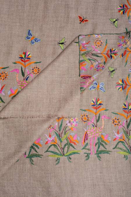 Shop Pashme Ladakh Grey Embroidered Floral Crane Pashmina Shawl Online at Aza Fashions Shop_Pashme Ladakh_Grey Embroidered Floral Crane Pashmina Shawl_Online_at_Aza_Fashions
