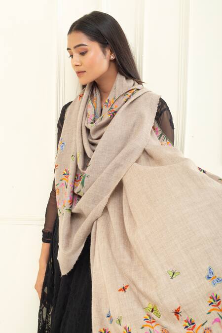 Pashme Ladakh Grey Embroidered Floral Crane Pashmina Shawl at Aza Fashions Pashme Ladakh_Grey Embroidered Floral Crane Pashmina Shawl_at_Aza_Fashions