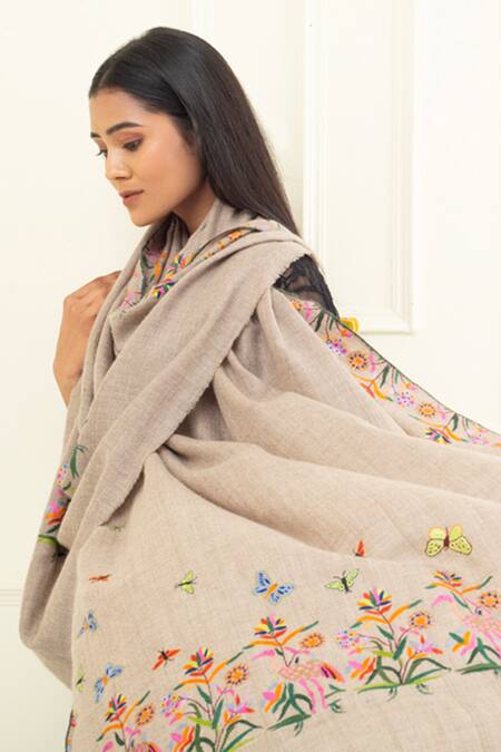 Buy Pashme Ladakh Grey Embroidered Floral Crane Pashmina Shawl Buy_Pashme Ladakh_Grey Embroidered Floral Crane Pashmina Shawl