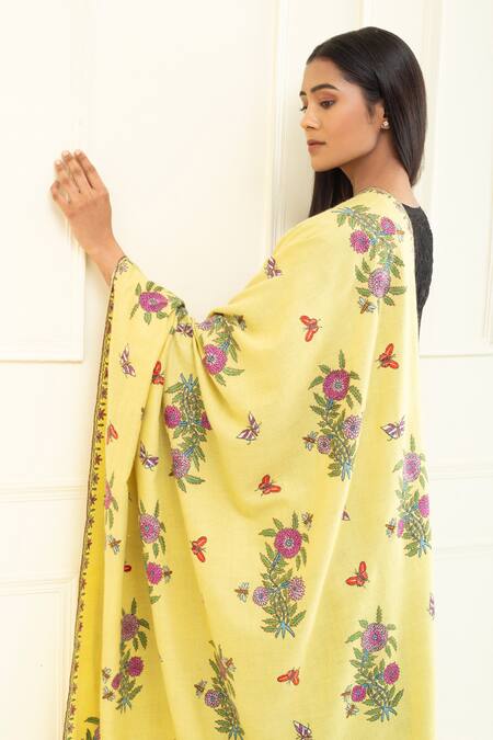 Pashme Ladakh Green Embroidered Dahlia Scatter Pashmina Shawl at Aza Fashions Pashme Ladakh_Green Embroidered Dahlia Scatter Pashmina Shawl _at_Aza_Fashions