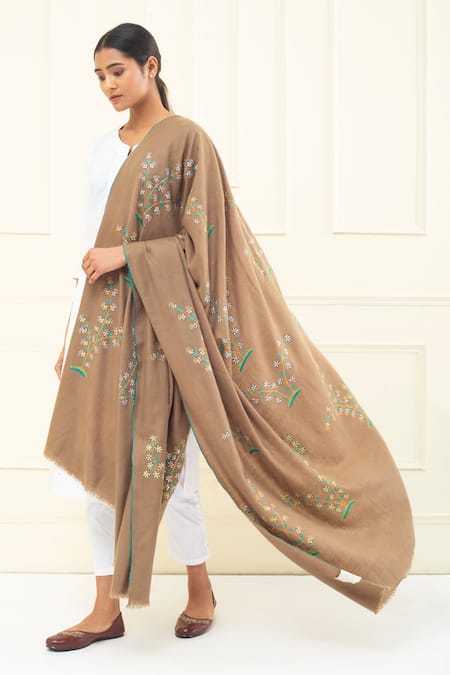 Pashme Ladakh Brown Embroidered Jasmine Pashmina Shawl 