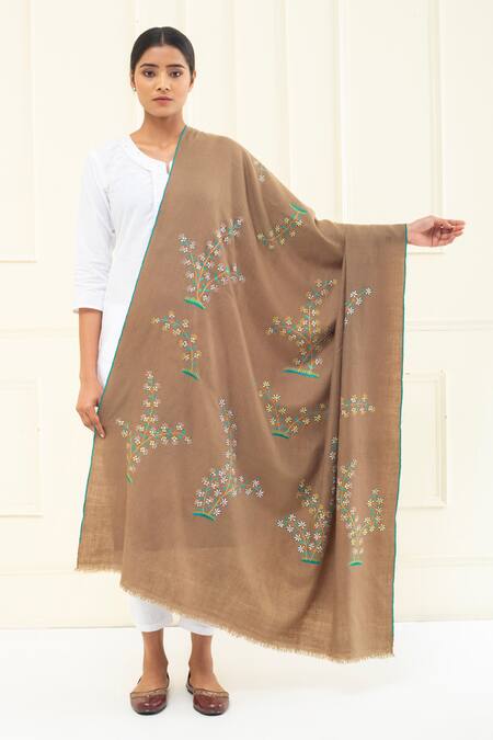 Shop Pashme Ladakh Brown Embroidered Jasmine Pashmina Shawl at Aza Fashions Shop_Pashme Ladakh_Brown Embroidered Jasmine Pashmina Shawl_at_Aza_Fashions