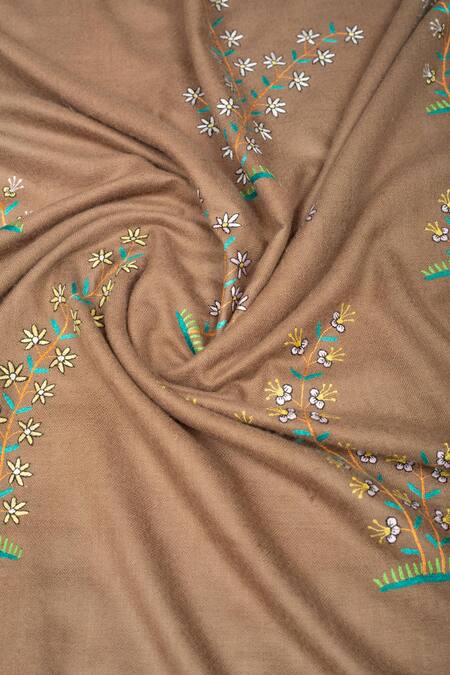 Shop Pashme Ladakh Brown Embroidered Jasmine Pashmina Shawl Online at Aza Fashions Shop_Pashme Ladakh_Brown Embroidered Jasmine Pashmina Shawl_Online_at_Aza_Fashions