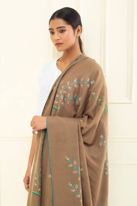 Pashme Ladakh Brown Embroidered Jasmine Pashmina Shawl at Aza Fashions Pashme Ladakh_Brown Embroidered Jasmine Pashmina Shawl_at_Aza_Fashions