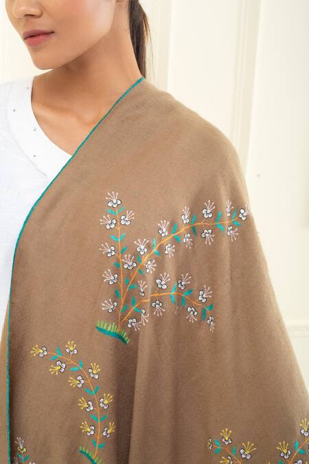 Buy Pashme Ladakh Brown Embroidered Jasmine Pashmina Shawl Buy_Pashme Ladakh_Brown Embroidered Jasmine Pashmina Shawl