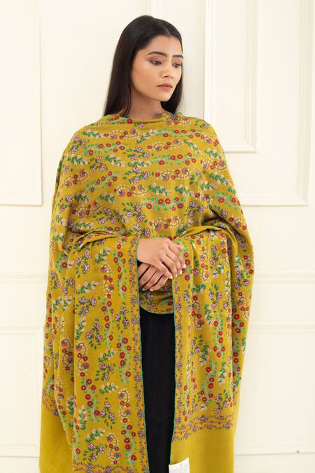 Pashme Ladakh_Green Embroidered Floral Mix Vine Pashmina Shawl _at_Aza_Fashions