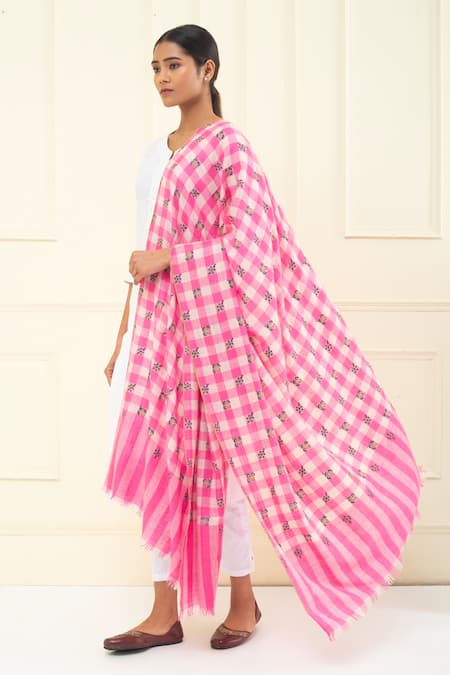 Pashme Ladakh Butti Embroidered Checkered Pashmina Shawl 