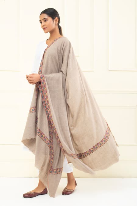 Pashme Ladakh Beige Embroidered Paisley Border Pashmina Shawl 