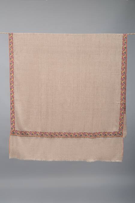 Pashme Ladakh_Beige Embroidered Paisley Border Pashmina Shawl_Online_at_Aza_Fashions