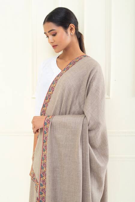 Shop_Pashme Ladakh_Beige Embroidered Paisley Border Pashmina Shawl_Online_at_Aza_Fashions