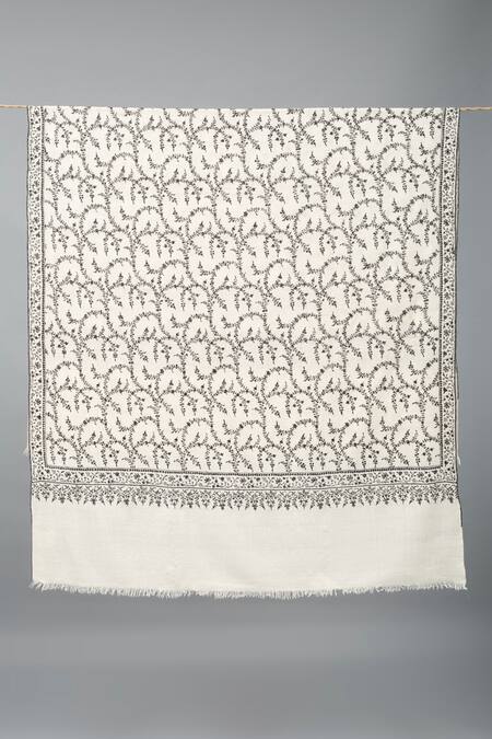 Pashme Ladakh_Ivory Embroidered Foliage Jaali Pashmina Shawl_Online_at_Aza_Fashions