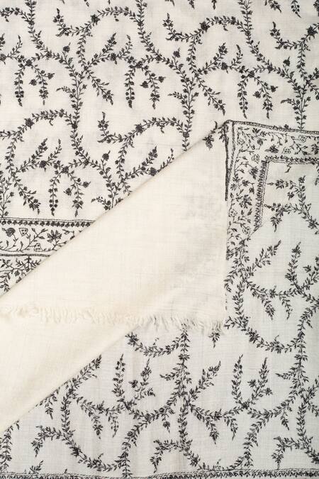 Shop_Pashme Ladakh_Ivory Embroidered Foliage Jaali Pashmina Shawl_Online_at_Aza_Fashions