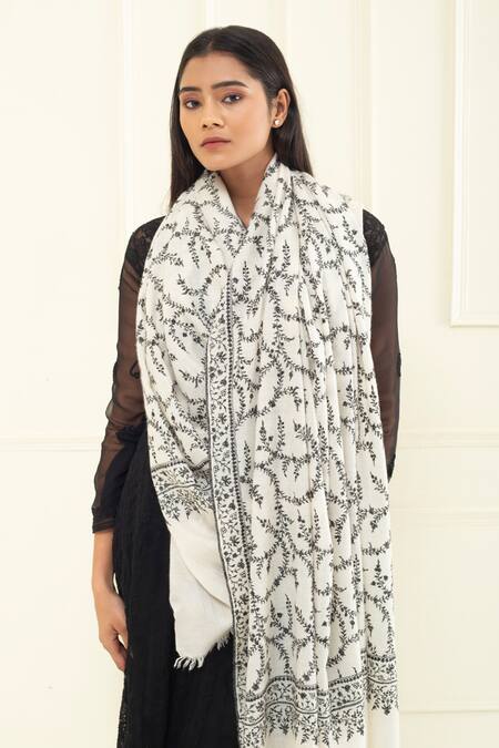 Pashme Ladakh_Ivory Embroidered Foliage Jaali Pashmina Shawl_at_Aza_Fashions