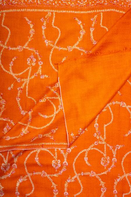 Buy_Pashme Ladakh_Orange Embroidered Blossom Jaali Pashmina Stole _Online_at_Aza_Fashions