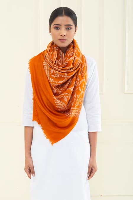 Pashme Ladakh Orange Embroidered Jaali Pashmina Stole 