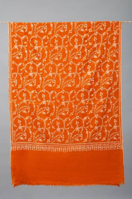 Pashme Ladakh_Orange Embroidered Jaali Pashmina Stole _Online_at_Aza_Fashions