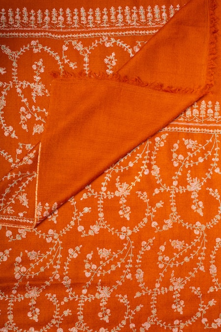 Buy_Pashme Ladakh_Orange Embroidered Jaali Pashmina Stole _Online_at_Aza_Fashions