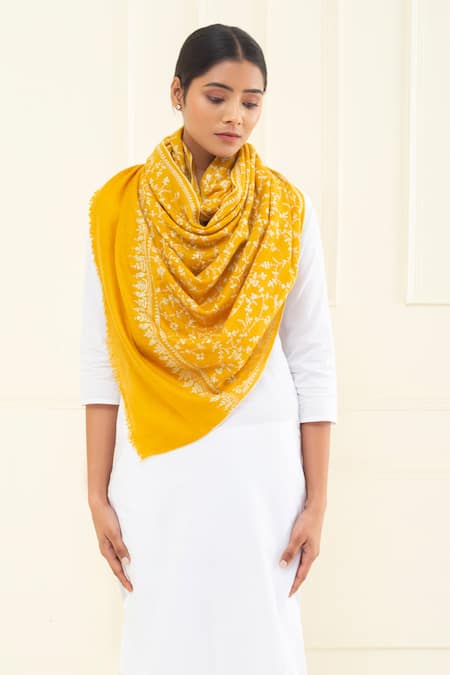 Pashme Ladakh Yellow Embroidered Leafy Vine Pashmina Stole 