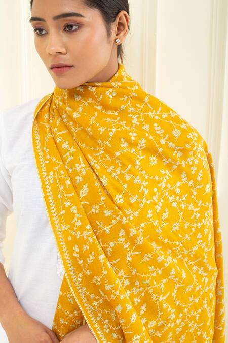 Pashme Ladakh Yellow Embroidered Leafy Vine Pashmina Stole at Aza Fashions Pashme Ladakh_Yellow Embroidered Leafy Vine Pashmina Stole _at_Aza_Fashions