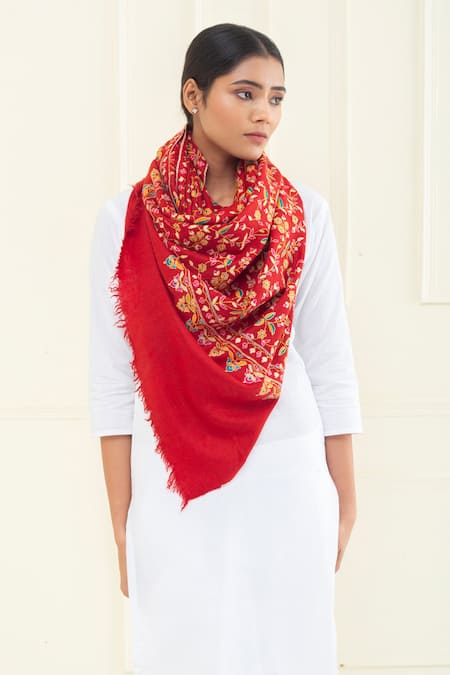 Pashme Ladakh Red Embroidered Floral Vine Pashmina Stole 