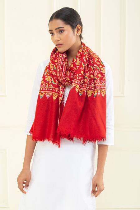 Shop_Pashme Ladakh_Red Embroidered Floral Vine Pashmina Stole _Online_at_Aza_Fashions