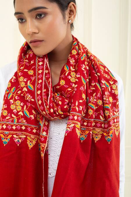 Pashme Ladakh_Red Embroidered Floral Vine Pashmina Stole _at_Aza_Fashions
