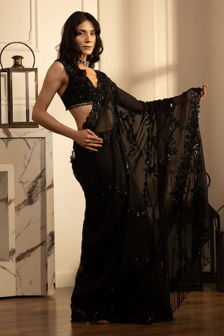 House Of Karmah_Black Organza, Celestial Embroidered Blouse With Pre-draped Saree _Online_at_Aza_Fashions