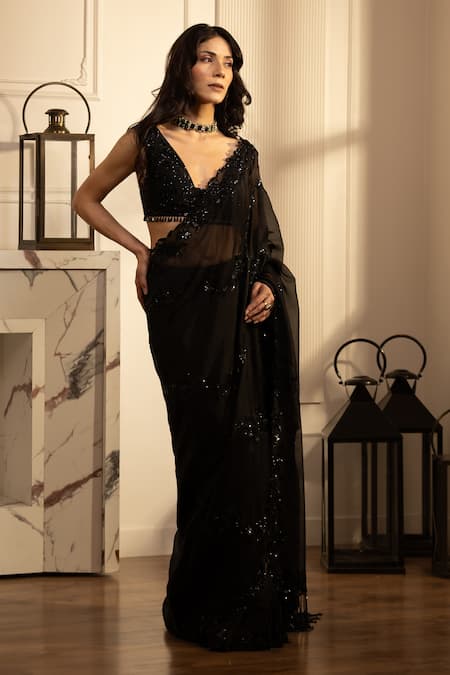 Buy_House Of Karmah_Black Organza, Celestial Embroidered Blouse With Pre-draped Saree _Online_at_Aza_Fashions