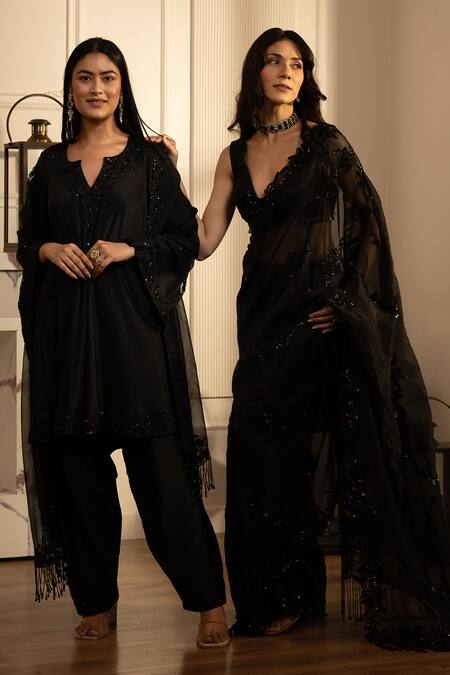 House Of Karmah_Black Organza, Beads, Shadow Floral Embroidered Kurta And Salwar Set _Online_at_Aza_Fashions