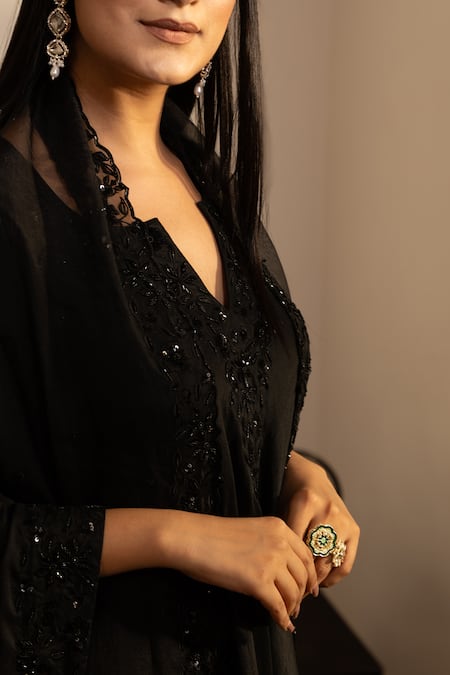 Buy_House Of Karmah_Black Organza, Beads, Shadow Floral Embroidered Kurta And Salwar Set _Online_at_Aza_Fashions