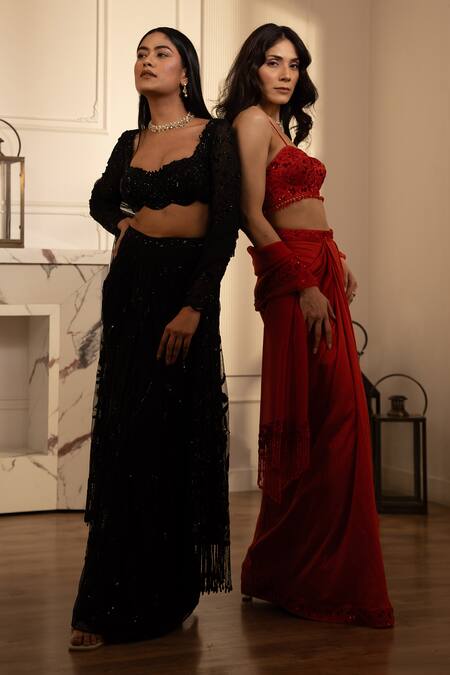 House Of Karmah_Black Crepe Embroidery Beads Sweetheart Eclipse Blouse And Skirt Set _Online_at_Aza_Fashions